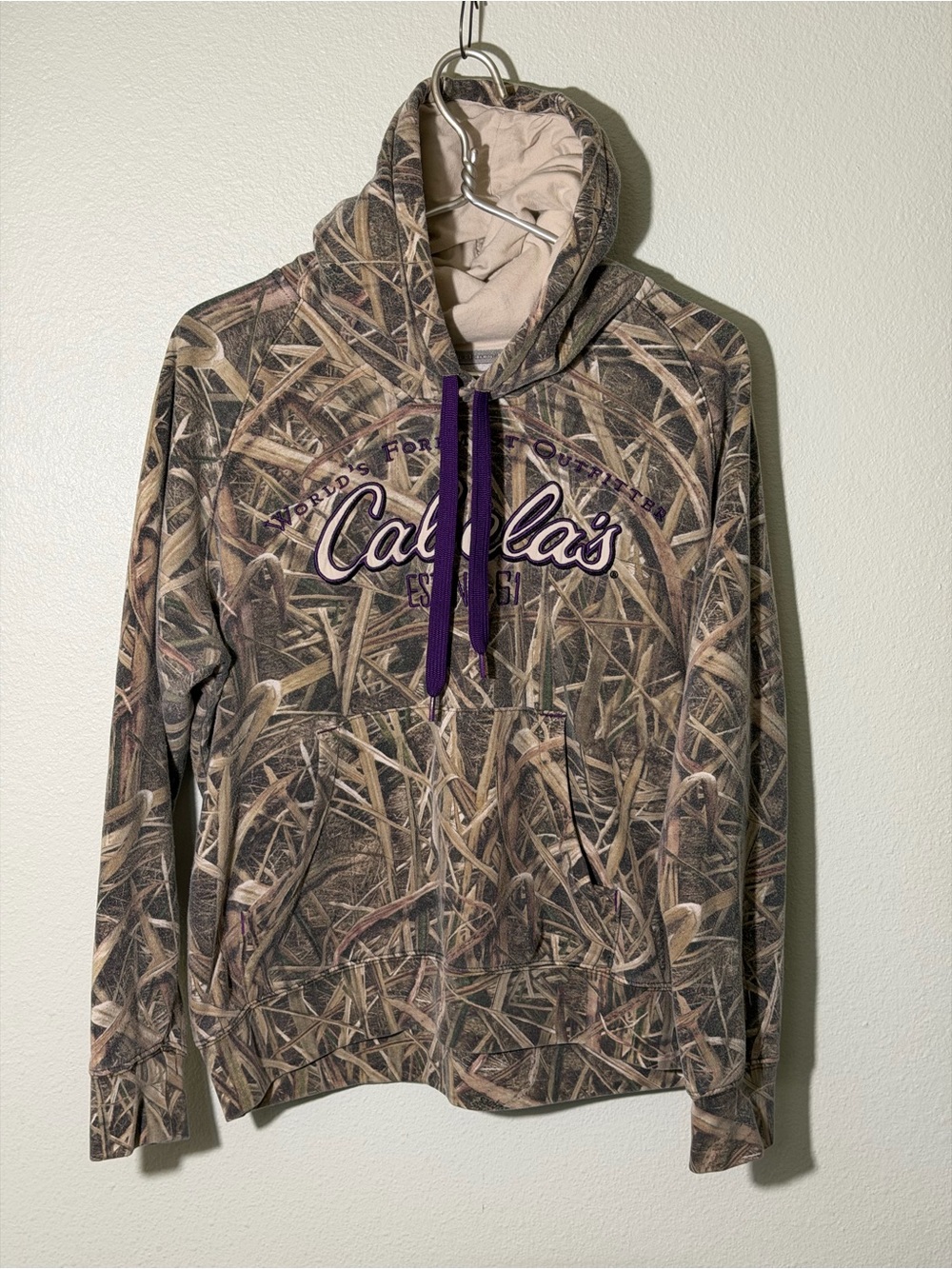 Cabelas Purple Grass Camo Y2K Hoodie Women’s Sz Large Fleece Pullover Hunting